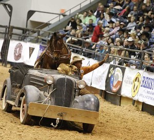 Why, yes, that is a horse riding in the back seat of a car! Entertainer Tommy Kerr and his well- trained mustang Pancho kept the crowd applauding with their amazing partnership.