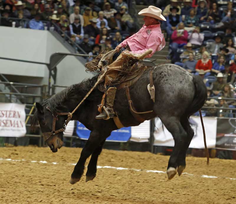 Bruce Beeman of the Broken H Ranch & H Cross Cattle team rode his 23rd straight WCRR bronc, making him a legend in the event.