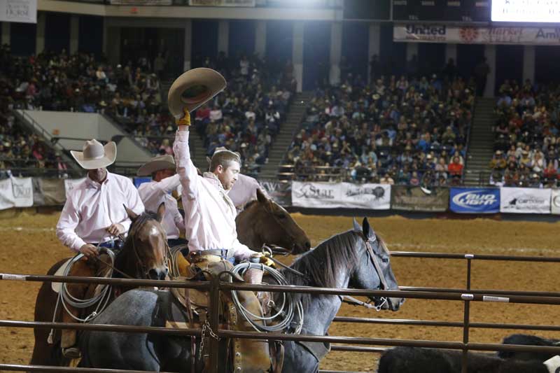 With a pen of uncooperative cattle, a successful run in Friday’s team penning was something to celebrate. Here, Justin Keith of the Keith Cattle & Robbins Ranch team was happy to get three in the pen. He’s riding Paddysbluevalentine.